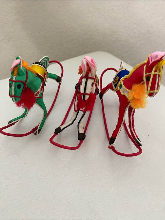 3 Vintage Handcrafted Chinese Satin  Stuffed Rocking Horse Festive Ornaments main image 12